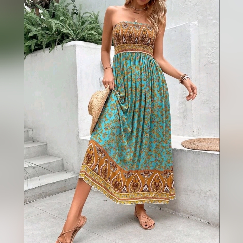 NEW Boho Floral Print Smocked Tube Top Dress Teal Blue Green Yellow Tan - Picture 3 of 11